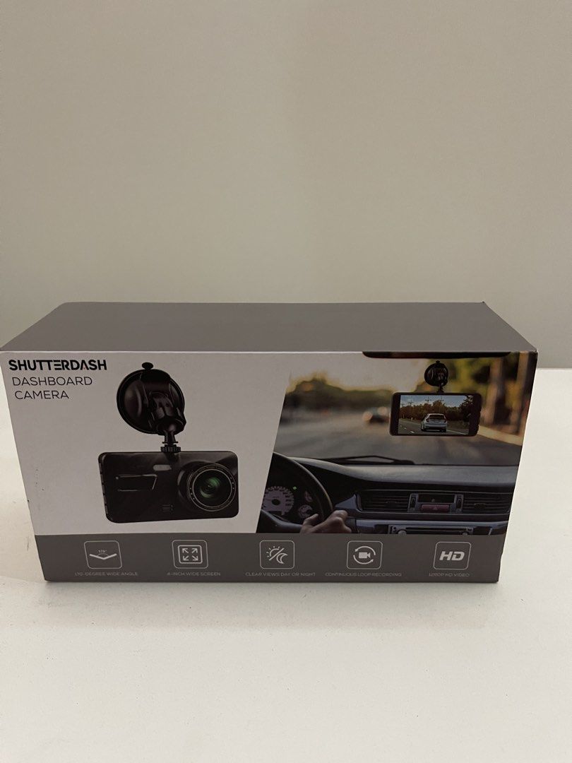 Shutterdash Dashboard Camera HD 4.0 Inch Wide Screen (Category: Cameras) located in Pasig City. Submitted by altopentle (Listing ID 1469211666, Image 1). Description: - Brand: Shutterdash Dashcam - Screen: 4.0-inch LCD display - Resolution: 1280x720p HD video - Lens: 170-degree wide angle - Condition: Unused, complete with original box - Inclusions: Suction mount, car charger, micro USB cable, and user manual RFS: Surplus/Decluttering. See photos
