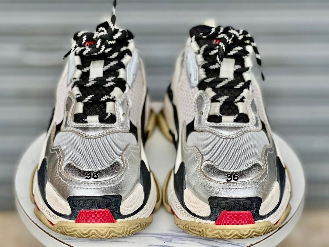 Silver Red White Sneakers (Category: Sneakers) located in Manila. Submitted by michaela_heartfilia (Listing ID 1469193968, Image 3). Description: - Brand: Chunky sneakers - Colorway: Iconic multi-panel design in silver, white, red, and black - Size: 36 (embroidered on the toe) - fit up to 24 cm .