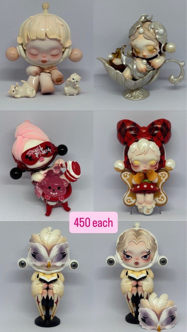 Skullpanda Blind Box Designer Toy Figures (Category: Designer & Blind Box Toys) located in Las Pinas. Submitted by silverfalcon_dbc769 (Listing ID 1469342932, Image 3). Description: Â�� Authentic Skullpanda Art Toys • Price: ₱450 each • Available Designs: - White fluffy cat costume - Green plant hooded figure - Brown rabbit with teapot - Dark-skinned character holding voodoo doll - Polar bear hooded figure with blue base • Note: Pink and black ha