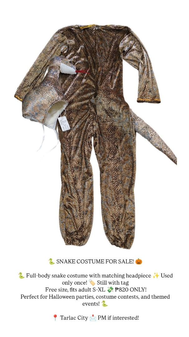 SNAKE COSTUME FOR SALE (Category: Occasions & Party Supplies) located in Tarlac. Submitted by katyparajels (Listing ID 1469196241, Image 2). Description: Full-body snake costume with matching headpiece Used only once to fit! Still with tag Free size, fits adult S-XL P890 ONLY! Perfect for Halloween parties, costume contests, and themed events! Tarlac City PM if interested.