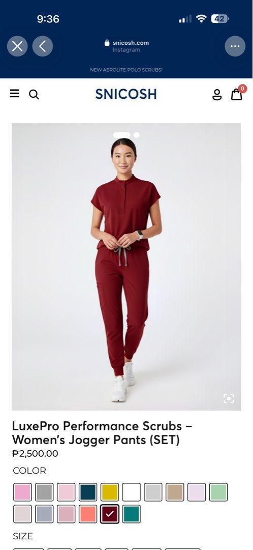 Snicosh luxepro scrubs (Category: Sets or Coordinates) located in Manila. Submitted by warmocean.2eb550 (Listing ID 1469304133, Image 1). Description: Maroon Small .