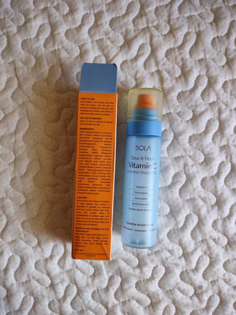 [SOLA] Vitamin C Hydrating Mist 100ml (Category: Face Care) located in Tabaco. Submitted by danielamc17 (Listing ID 1469264945, Image 3). Description: - brand new and sealed - 100ml loc: Albay mod: J&T.