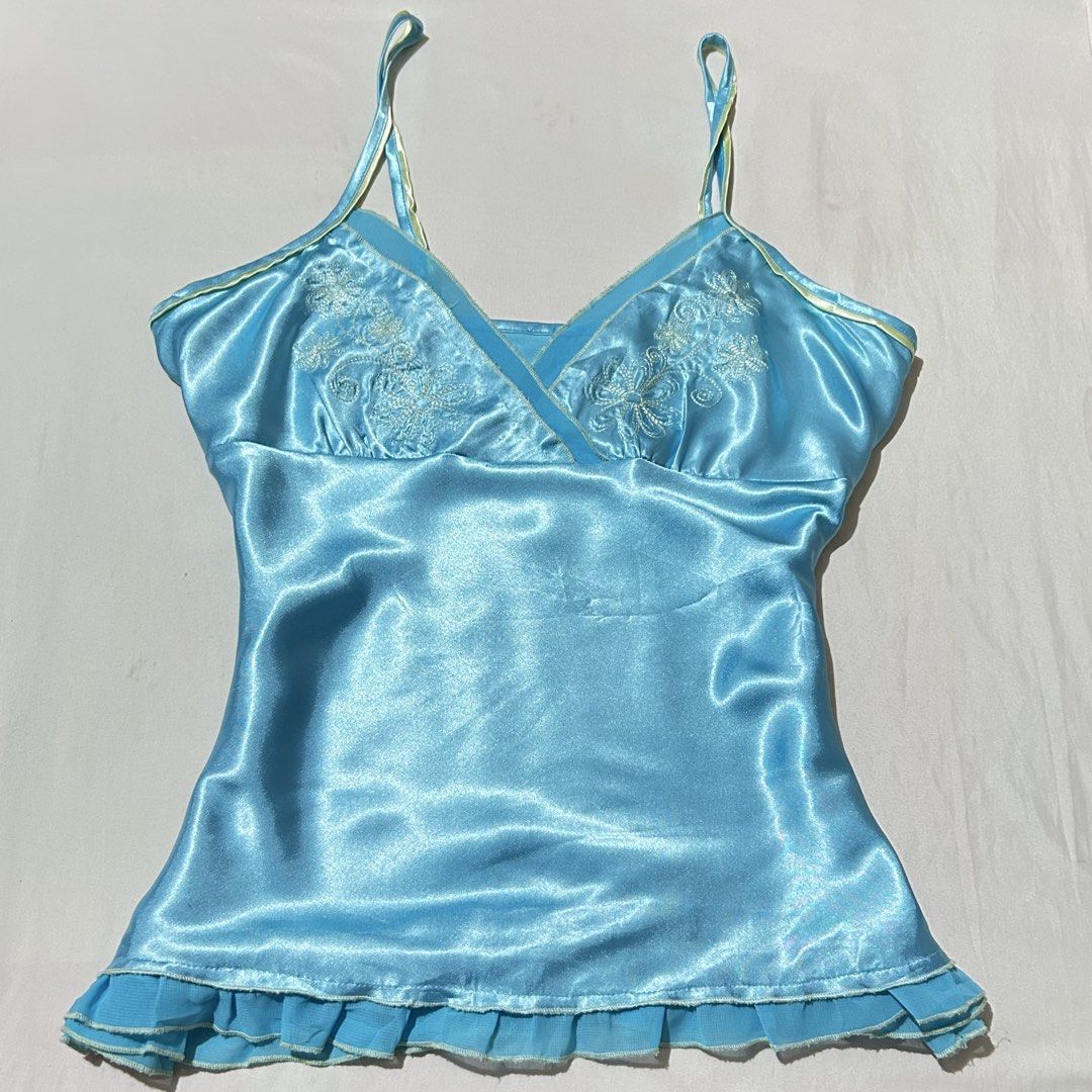 SOLD y2k turquoise satin top (Category: Sleeveless) located in Pagadian. Submitted by yowna_declutters (Listing ID 1469215838, Image 1). Description: dm for more info.
