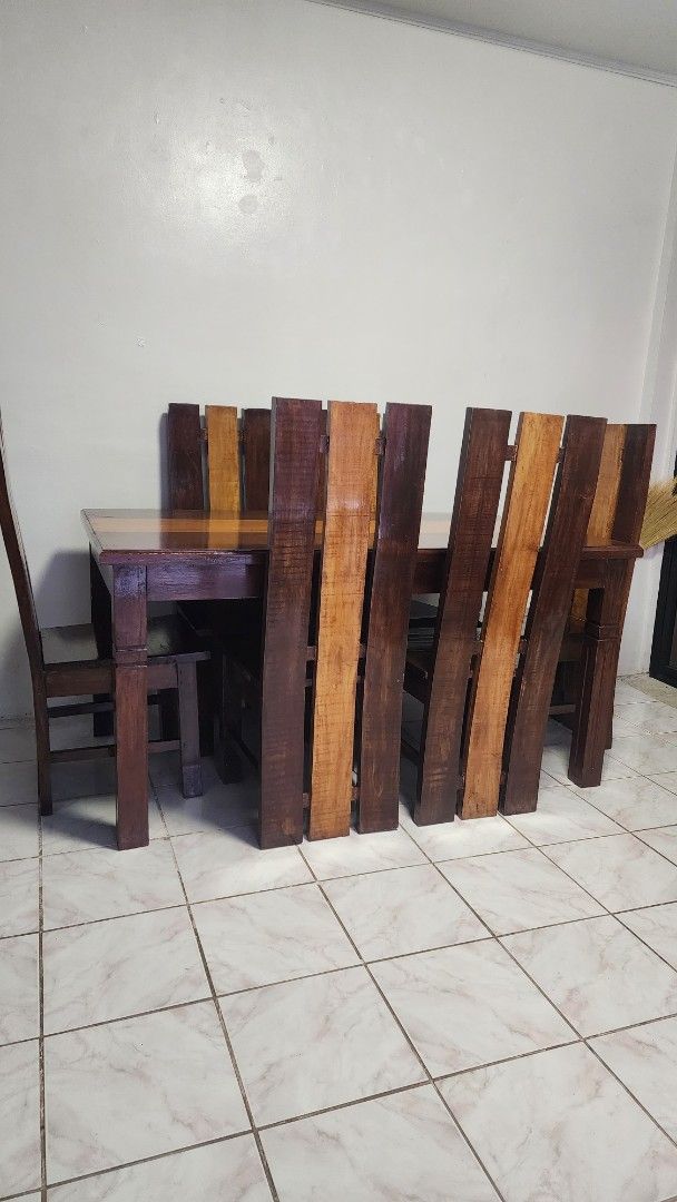 Solid Wood Dining Table with Chairs Set (Category: Tables & Sets) located in Taguig. Submitted by arnoldcb.800 (Listing ID 1469333238, Image 2). Description: Dining set with 6 high back chairs Mahogany solid wood Glass top included Pick up only Location:Signal Village Taguig .