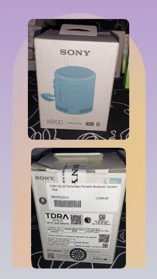 Sony XB100 Extra Bass Portable Bluetooth Speaker (Category: Soundbars, Speakers & Amplifiers) located in Manila. Submitted by pinkymary05 (Listing ID 1469309522, Image 1). Description: - Brand new & factory sealed: Original security sticker intact - Color: Vibrant Blue - Sound: Powerful Extra Bass in a compact body - Battery: Up to 16 hours of continuous playback - Durability: IP67 waterproof and dustproof - Portability: Comes with a convenient h