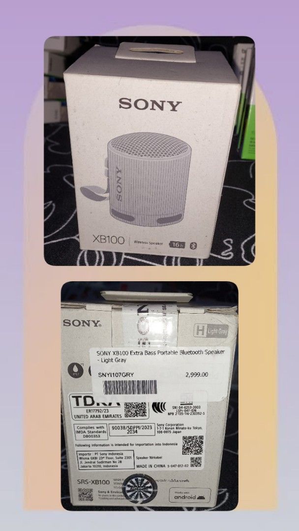 Sony XB100 Extra Bass Portable Bluetooth Speaker (Category: Soundbars, Speakers & Amplifiers) located in Manila. Submitted by pinkymary05 (Listing ID 1469309522, Image 2). Description: - Brand new & factory sealed: Original security sticker intact - Color: Vibrant Blue - Sound: Powerful Extra Bass in a compact body - Battery: Up to 16 hours of continuous playback - Durability: IP67 waterproof and dustproof - Portability: Comes with a convenient h