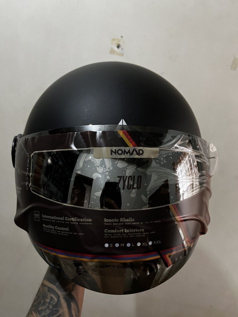 Spyder Nomad SIGMA [ Half Face ] (Category: Helmets and other Riding Gears) located in Lipa City. Submitted by goodboypau (Listing ID 1469386713, Image 1). Description: Details: Brand/Model: Spyder Nomad SIGMA Color: Matte Black Visor: Iridium/Silver tinted Size: M Logo: Spyder.