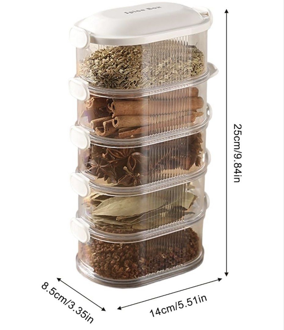 Stackable Multi-Layer Spice Box Clear Storage Container (Category: Food Organisation & Storage) located in Singapore. Submitted by greenlandhua (Listing ID 1469169337, Image 2). Description: - 5-tier stackable design for easy spice organization, 2 sets available, $16 each - Transparent clear plastic lets you see contents instantly - Secure white lid keeps seasonings fresh - Compact size (14cm x 8.5cm x 25cm) ideal for kitchen countertops or campi