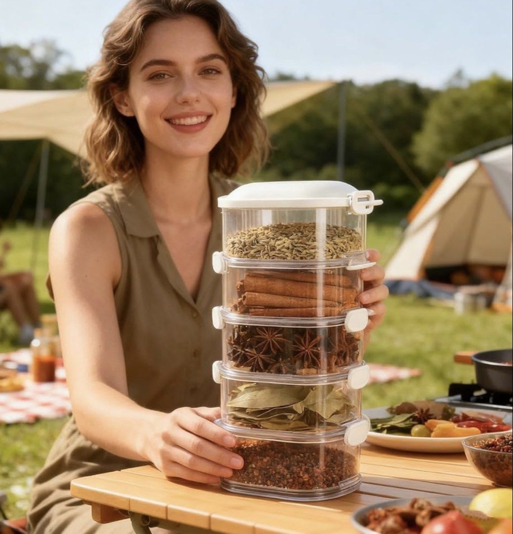 Stackable Multi-Layer Spice Box Clear Storage Container (Category: Food Organisation & Storage) located in Singapore. Submitted by greenlandhua (Listing ID 1469169337, Image 1). Description: - 5-tier stackable design for easy spice organization, 2 sets available, $16 each - Transparent clear plastic lets you see contents instantly - Secure white lid keeps seasonings fresh - Compact size (14cm x 8.5cm x 25cm) ideal for kitchen countertops or campi