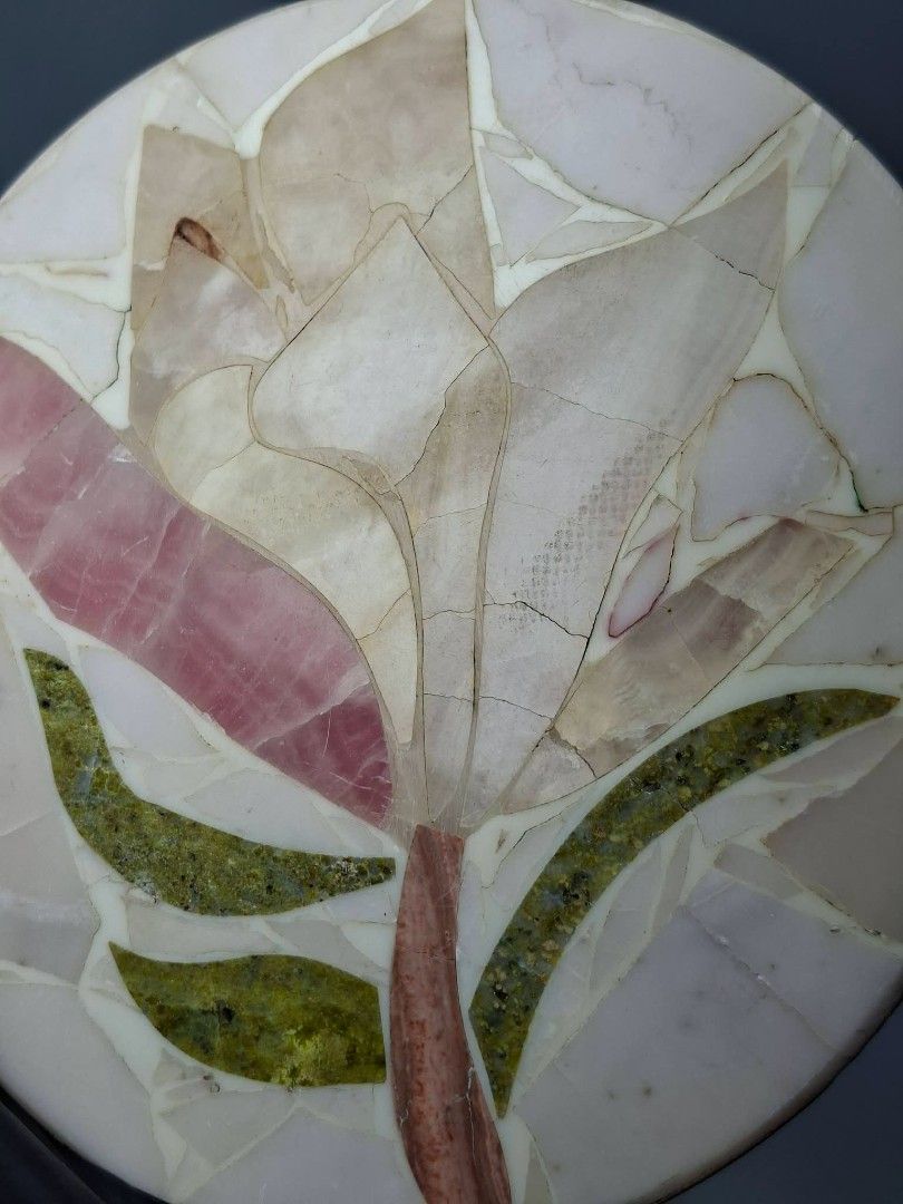 Stone Mosaic Flower Coaster (Category: Dinnerware & Cutlery) located in Paranaque City. Submitted by lexajapansurplus (Listing ID 1469169062, Image 3). Description: - Elegant round stone coaster with a handcrafted flower inlay design - Features a charming mix of pink, green, and white natural stone - Smooth, polished surface with flat, clean edges - Thick base provides sturdy support for cups, mugs, or small potted plants - Unique natural stone v