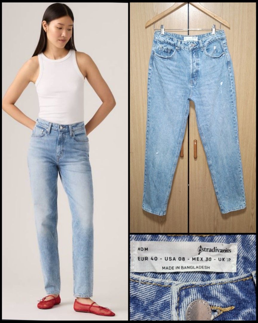 Stradivarous Mom Jeans (Category: Jeans) located in Cebu City. Submitted by cebuanamomshies (Listing ID 1469322364, Image 1). Description: W30-31 Rise 12 inseam 28.5 High-rise Button fly blue denim Tapered relaxed fit.