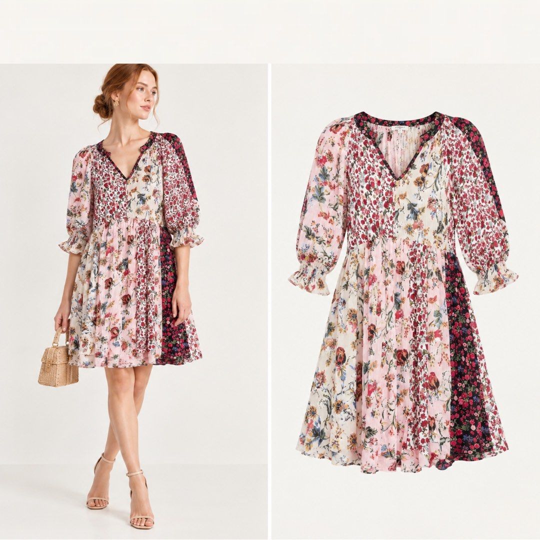 Sundress Floral Patchwork V-Neck Dress (Category: Dresses) located in Amlan (Ayuquitan). Submitted by pringpring (Listing ID 1469177993, Image 1). Description: - Style: Multicolor floral patchwork sundress with a relaxed babydoll silhouette - Neckline & Trim: V-neckline accented with a chic dark contrast trim - Sleeves: Long sleeves finished with playful ruffled cuffs - Length: Knee-length hemline, lightweight and breezy fabric - Colors: Beautifu