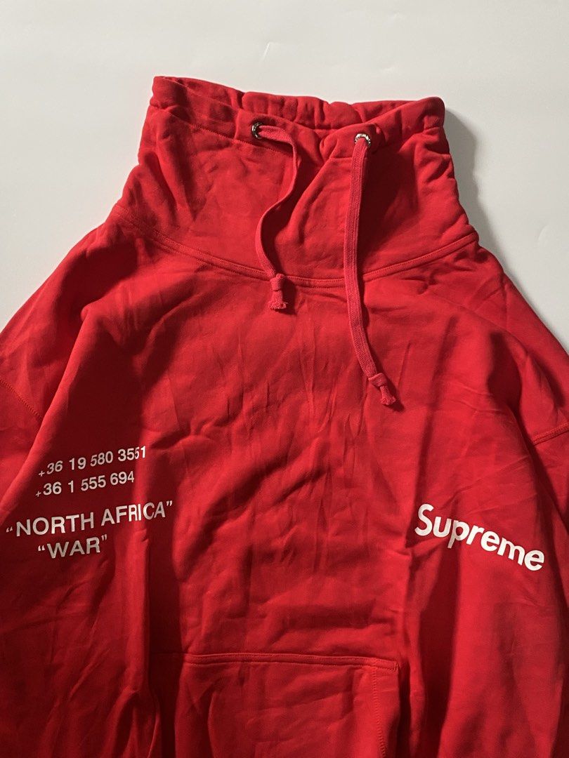 Supreme North Africa War Sweatshirt (Category: Coats, Jackets and Outerwear) located in Manila. Submitted by finofindthisart (Listing ID 1469285475, Image 3). Description: Length 27 Width 24 Measured it by inches Issue: N/A This is a pre-loved/thrifted items and may show minor signs of issue due to its vintage nature. Kindly manage expectations. No refunds or exchanges will be accepted. 📍Pasay City DM for inquiries..