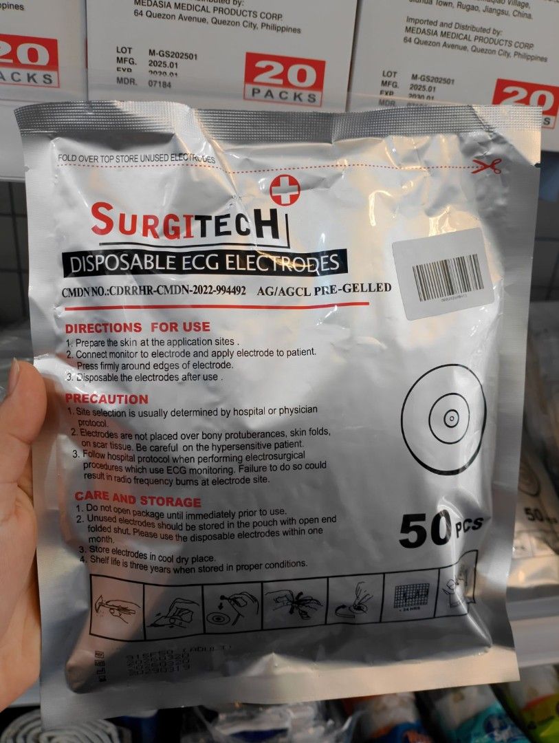 Surgitech Disposable ECG Electrodes 50 Pcs (Category: Medical Supplies & Tools) located in Manila. Submitted by jeca_062001 (Listing ID 1469179097, Image 1). Description: - Brand: Surgitech - Type: Disposable ECG Electrodes (Adult Size) - Quantity: 50 pieces per pack - Material/Feature: Ag/AgCl pre-gelled - Packaging: Factory-sealed foil pouch with fold-over top - Lot Number: M-GS202501 (Manufactured: 2025.01) - Storage: Store in a cool, dry plac
