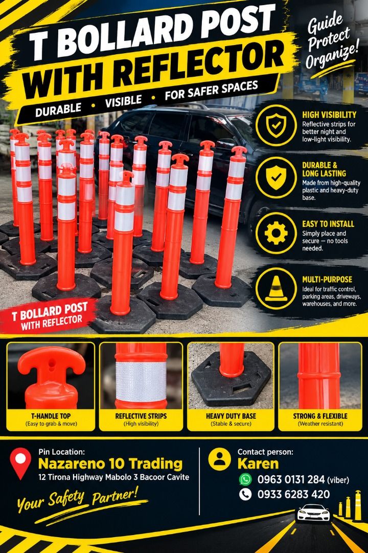 T - Bollard Post With Reflector (Category: Looking For) located in Bacoor. Submitted by kajezame.2021 (Listing ID 1469237765, Image 1). Description: T - Bollard Post With Reflector For More Details and Discount Contact Ms. Karen NAZARENO 10 TRADING 0963 0131 284 0933 6283 420 0956 7028 557 0933 8559 510 Landline: Look for Ms. Karen (046 ) 416 3920 Also available: • Traffic cone • Parking Block stopper • Hooded trash bin • Road Plastic Barrier • S