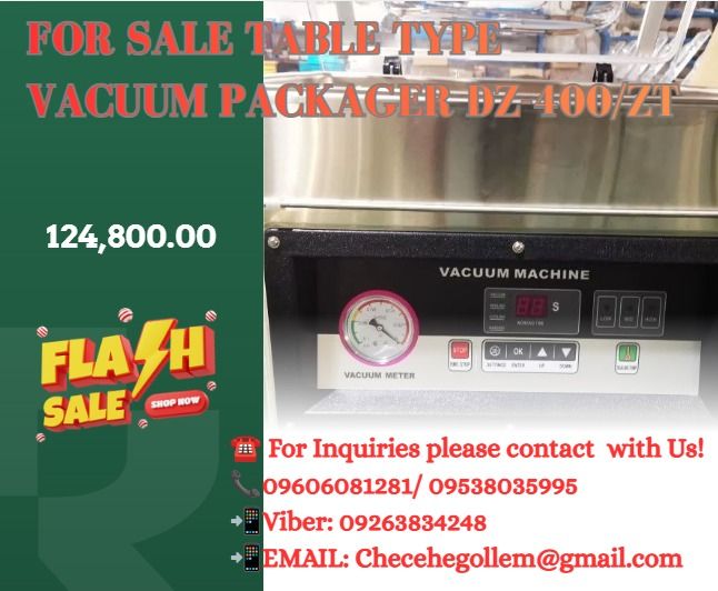 Table Type Vacuum Packager DZ-400/ZT (Category: Everything Else Others) located in Caloocan City. Submitted by nataliemor30968 (Listing ID 1469167517, Image 1). Description: ◎Power Supply: AC220V / 50Hz 110V / 60Hz ◎Power Consumption: 0.9kw ◎Heat Sealing Power: 0.4kw / 0.7kw ◎Ultimate Vacuum: <1hPa (mbar) ◎Pump Capacity: 20m³/h ◎Sealing Length: 390mm ◎Sealing Width: 10mm ◎Vacuum Chamber Depth: 65mm ◎Shipment Dimension: 615*565*620mm ◎N.W & G.W: 6