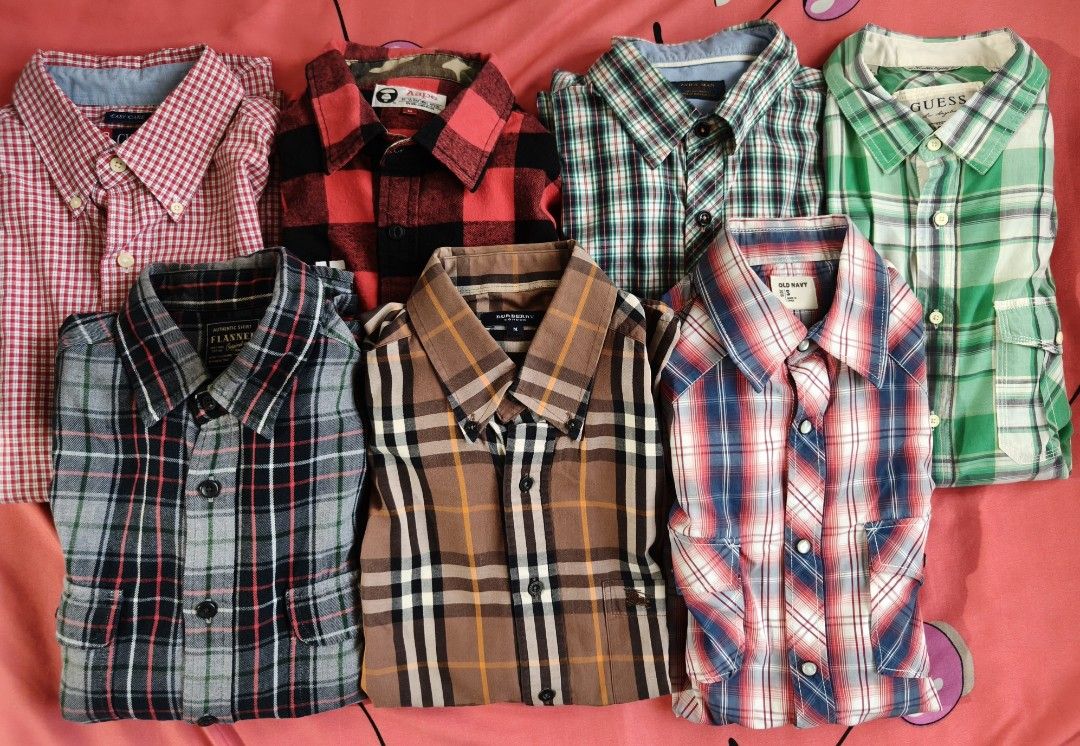 [TAKE ALL] 7-Piece Branded Long Sleeve & Flannel Bundle (Category: Formal Shirts) located in Manila. Submitted by ryan.v1 (Listing ID 1469172935, Image 1). Description: Selling as bulk/take-all lot. Ideal for personal wear or resell (fits Men’s S to Slim M). Measurements (Flat, in Inches): • BAPE Red/Black Plaid: Shoulder 17-18" | Body 19" | Length 24" • Burberry London Check: Shoulder 16" | Body 18" | Sleeve 22" | Length 26" • Zara Man Green Che