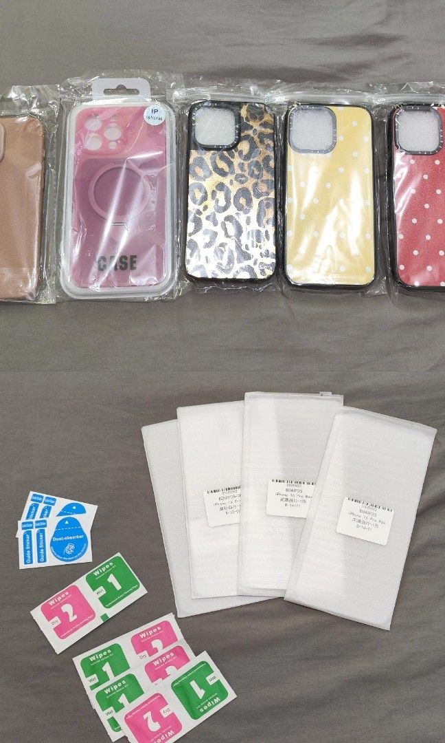 TAKE ALL: Iphone 16 Pro Max Accessories (Category: Cases & Sleeves) located in Pasig City. Submitted by ecasarmientodv (Listing ID 1469167407, Image 1). Description: TAKE ALL: Brandnew 5 cases and 4 pcs Tempered Glass for Iphone 16 pro max.