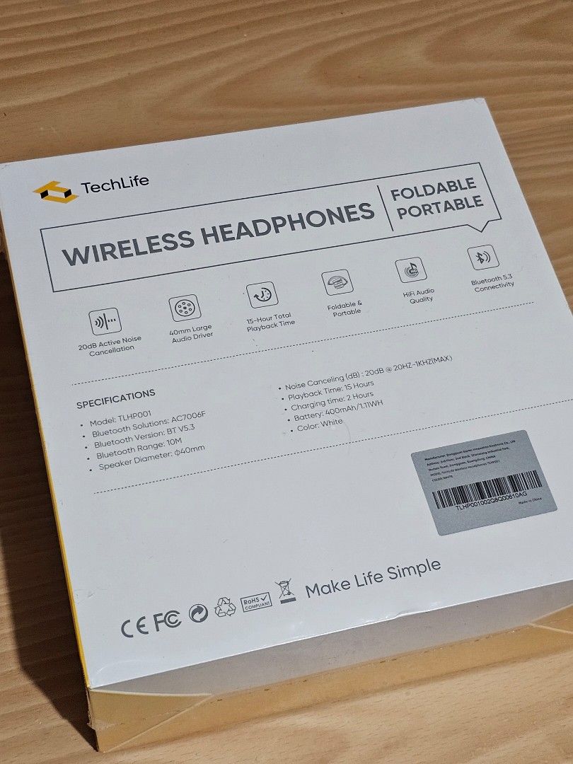TechLife TLHP001 Wireless Headphones White (Category: Headphones & Headsets) located in Makati City. Submitted by anjelincloset (Listing ID 1469166805, Image 2). Description: TechLife wireless headphones in white. Model TLHP001 with Bluetooth 5.3 connectivity. Active noise cancellation reduces background sound by 20dB. 40mm large audio drivers deliver clear sound. Up to 15 hours of total playback time on a single charge. Foldable and portable des