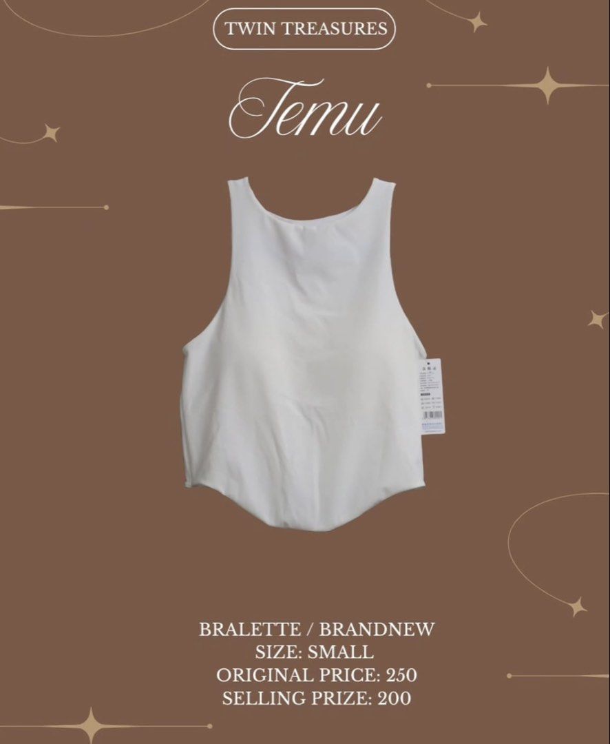 Temu White Bralette Size Small (Category: Undergarments & Loungewear) located in Pasig City. Submitted by nadineelja10271 (Listing ID 1469357459, Image 1). Description: - Brand: Temu - Size: Small - Color: White - Condition: Brand new with tags, never worn - Features: High neckline, curved hem, built-in padding - Perfect for: Layering or everyday wear - Original Tag Price: ₱250.