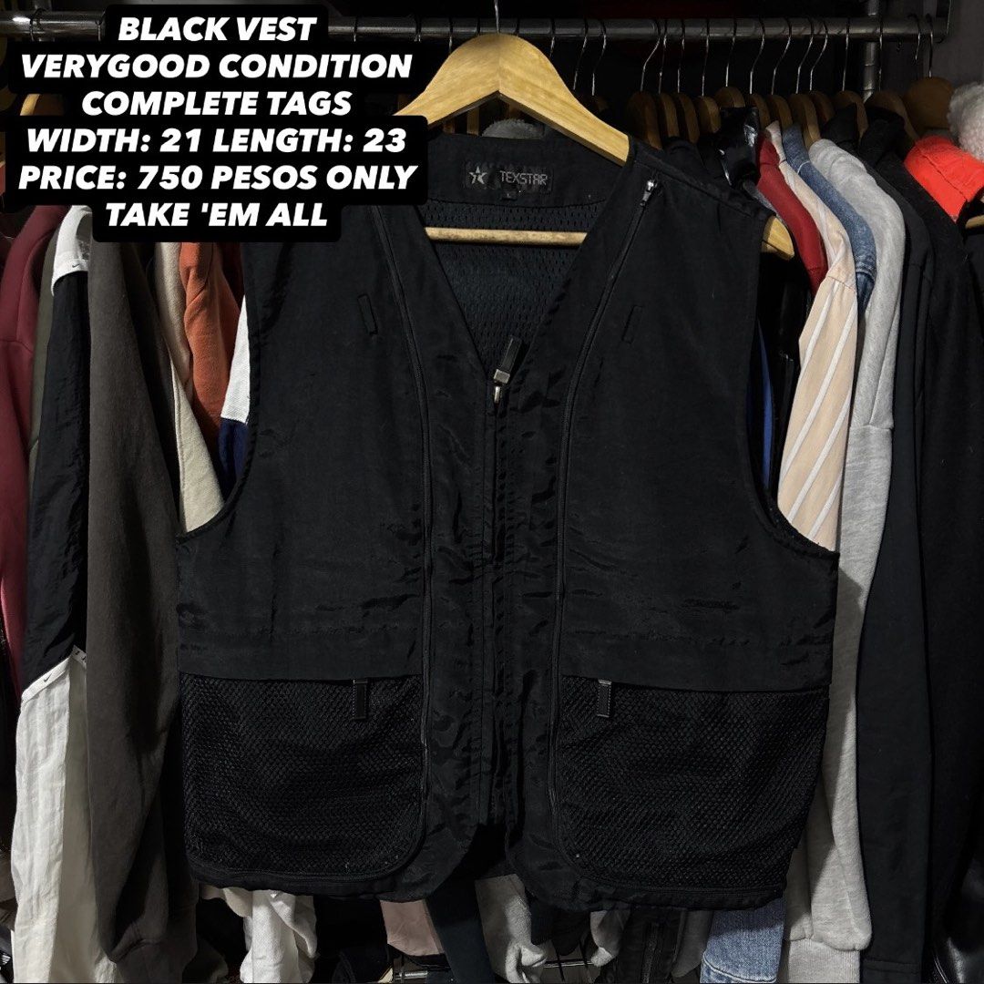 Texstar Black Tactical Vest Utility Vest (Category: Vests) located in Caloocan City. Submitted by bonsatocha43876 (Listing ID 1469322613, Image 1). Description: - Brand: Texstar (Complete tags intact) - Color: Solid black - Closure: Front zip - Pockets: Mesh lower pockets - Details: Adjustable strap on the back - Measurements: 21 inches width, 23 inches length - Style: Great utility piece for layering.