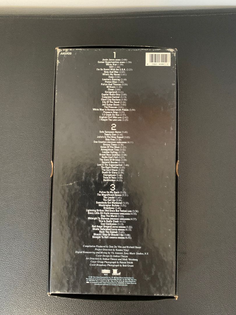 The Clash - Clash On Broadway (Category: CDs & DVDs) located in Paranaque City. Submitted by bulldogdad (Listing ID 1469173490, Image 2). Description: - The definitive Clash collection. - 3CD box set. - Released in 1991 under the Columbia/Epic label. - 64 tracks spanning the band's entire career from 1976 to 1982. - Contains several alternate versions of their hits and unreleased tracks. - 64-page booklet with extensive liner notes and commentari