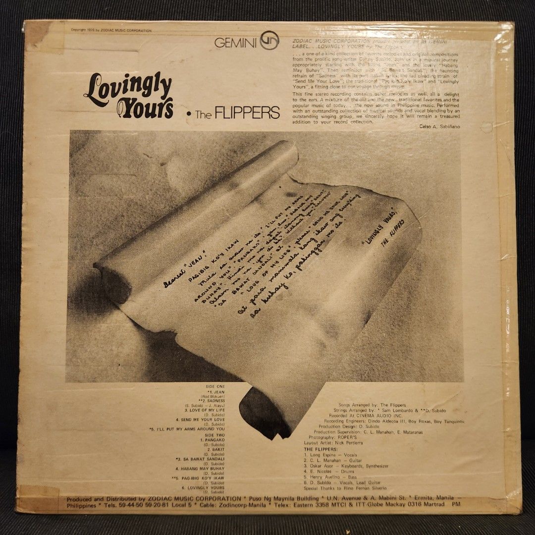 The Flippers - Lovingly Yours Vinyl LP Gemini Records (Category: Vinyls) located in Caloocan City. Submitted by Secondhand_Sureshots (Listing ID 1469190859, Image 2). Description: - Artist & Album: The Flippers - Lovingly Yours - Label & Catalog: Gemini Records (GLPS-4603) - Pressing: Stereo, manufactured by Zodiac Music Corporation, Manila, Philippines - Notable Tracks: Jean, Sadness, Pangako - Condition Notes: Outer sleeve shows age spots, edge