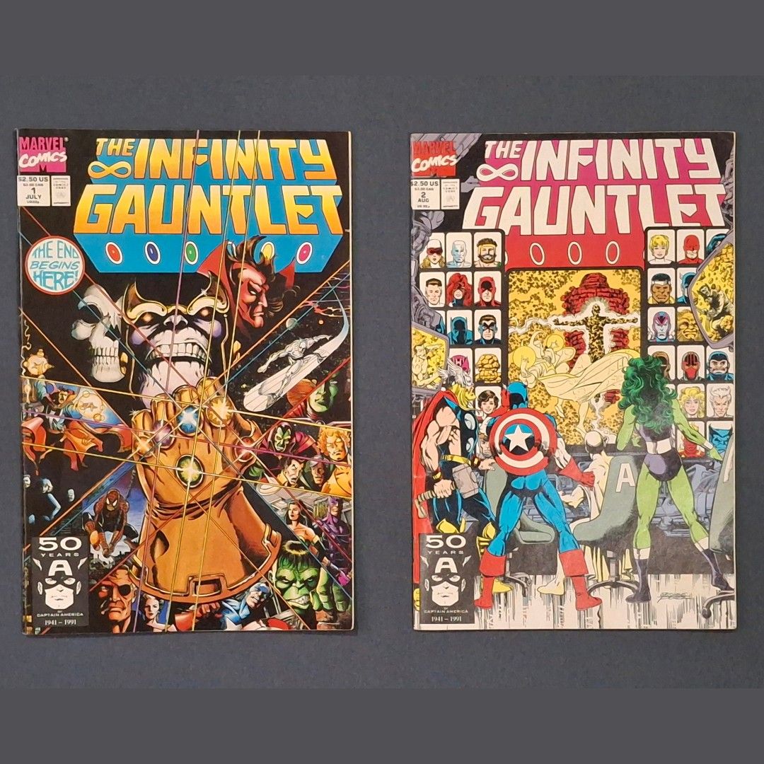 The Infinity Gauntlet #1 and #2 (1991 Marvel Comics) (Category: Comics & Manga) located in Paranaque City. Submitted by japs202 (Listing ID 1469214594, Image 1). Description: Sold as pair only. Check photos. Some tanned pages. Back cover of 1 has few brown spots. Payment: BPI, BDO, Gcash Add for shipping: pickup, J&T, LBC Location: Paranaque.