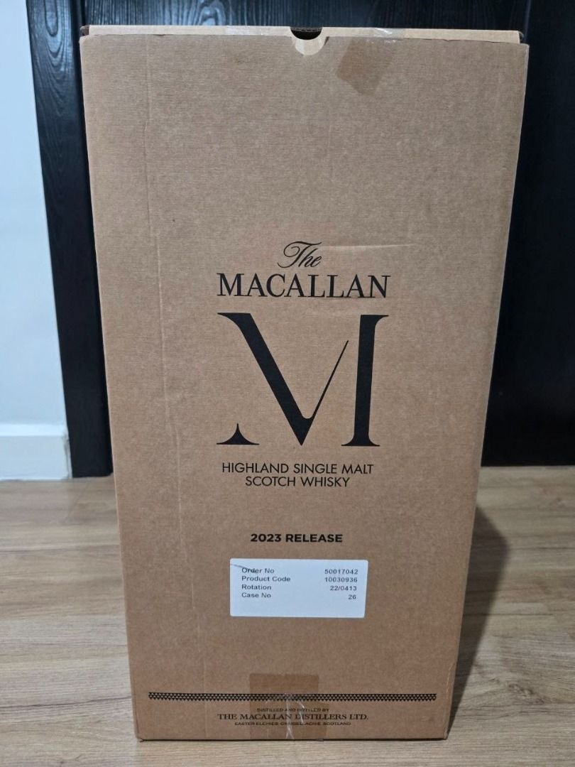 The Macallan "M Decanter" 2023 Release (Category: Beverages) located in Taguig. Submitted by live_rozen (Listing ID 1469305027, Image 1). Description: - Product: The Macallan "M Decanter" 2023 Release - Condition: Brand new, unopened, and safely stored - Packaging: Includes black presentation case with custom foam inserts - Protection: Outer brown shipping carton included - Details: The Macallan M Decanter, 2023 Release 70cl / 45% ABV Highland Si