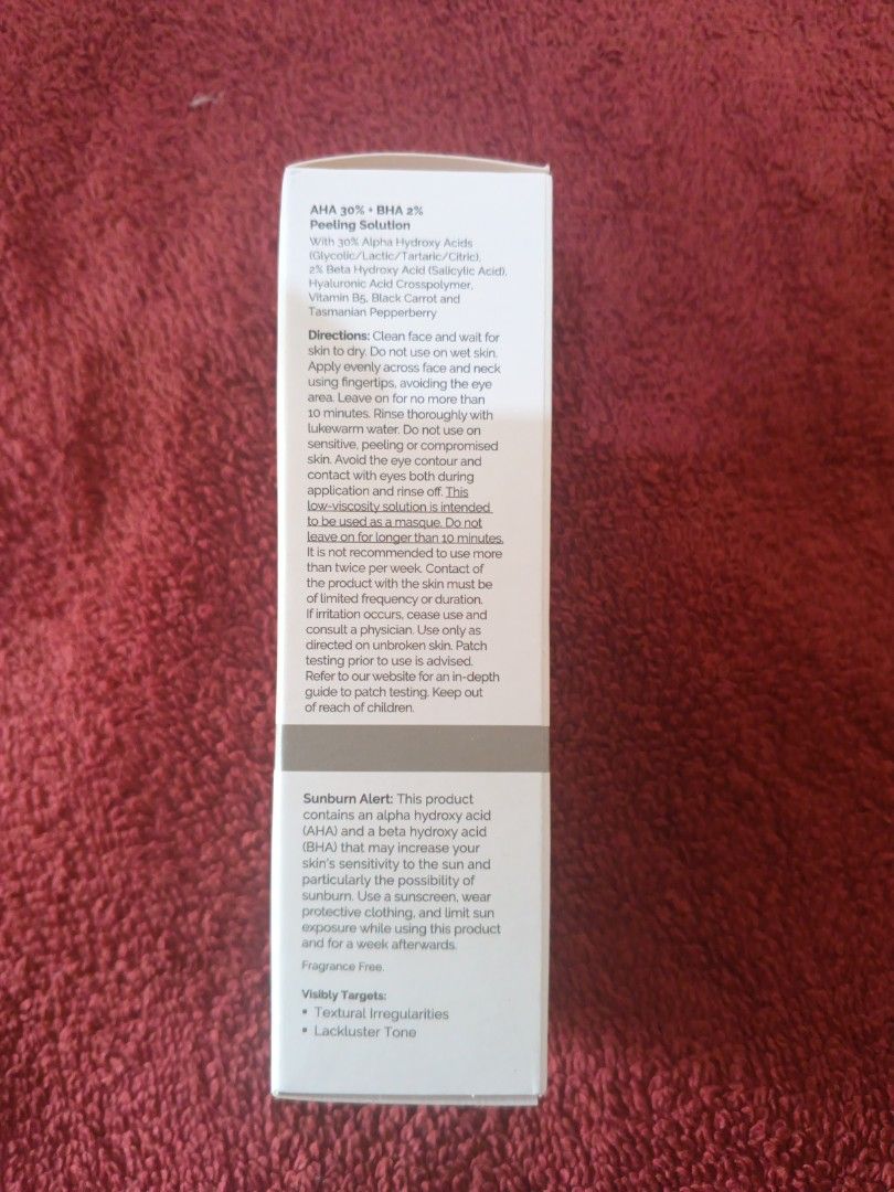 The Ordinary AHA 30% + BHA 2% Peeling Solution 30ml (Category: Face Care) located in Calasiao. Submitted by klowdeen (Listing ID 1469225722, Image 2). Description: SHIPPED FROM THE USA - Product: The Ordinary AHA 30% + BHA 2% Peeling Solution - Size: 30ml bottle in original box - Condition: Brand new, unopened, with batch code visible on bottom - Benefits: Targets textural irregularities, improves lackluster tone, and exfoliates deeply - Usage: Q