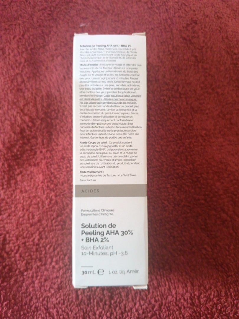 The Ordinary AHA 30% + BHA 2% Peeling Solution 30ml (Category: Face Care) located in Calasiao. Submitted by klowdeen (Listing ID 1469225722, Image 3). Description: SHIPPED FROM THE USA - Product: The Ordinary AHA 30% + BHA 2% Peeling Solution - Size: 30ml bottle in original box - Condition: Brand new, unopened, with batch code visible on bottom - Benefits: Targets textural irregularities, improves lackluster tone, and exfoliates deeply - Usage: Q