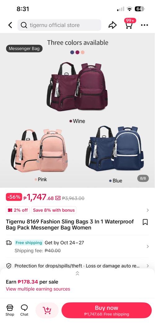 Tigernu 3in1 Slingbag Pink (Category: Backpacks) located in Mandaluyong City. Submitted by imimimi (Listing ID 1469316763, Image 1). Description: Almost new isang beses lang nagamit For video lang With mesh bag pa Orig price posted With laptop compartment na din.