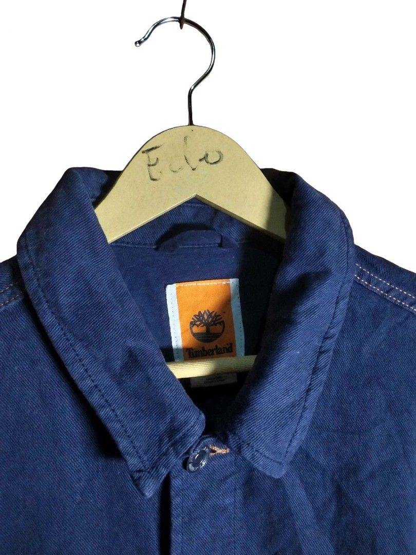 Timberland Blue Denim Work Jacket (Category: Coats, Jackets and Outerwear) located in Digos. Submitted by echooo123 (Listing ID 1469238978, Image 2). Description: WTS: Timberland Workwear / WF Chore Jacket🔥 Size: Large Dimes: 22.5x27 Good Condition Solid over all Issue: na tupi Isang button Presentable Cr: 9.7/10 Color may vary due to lighting DM: 📥.