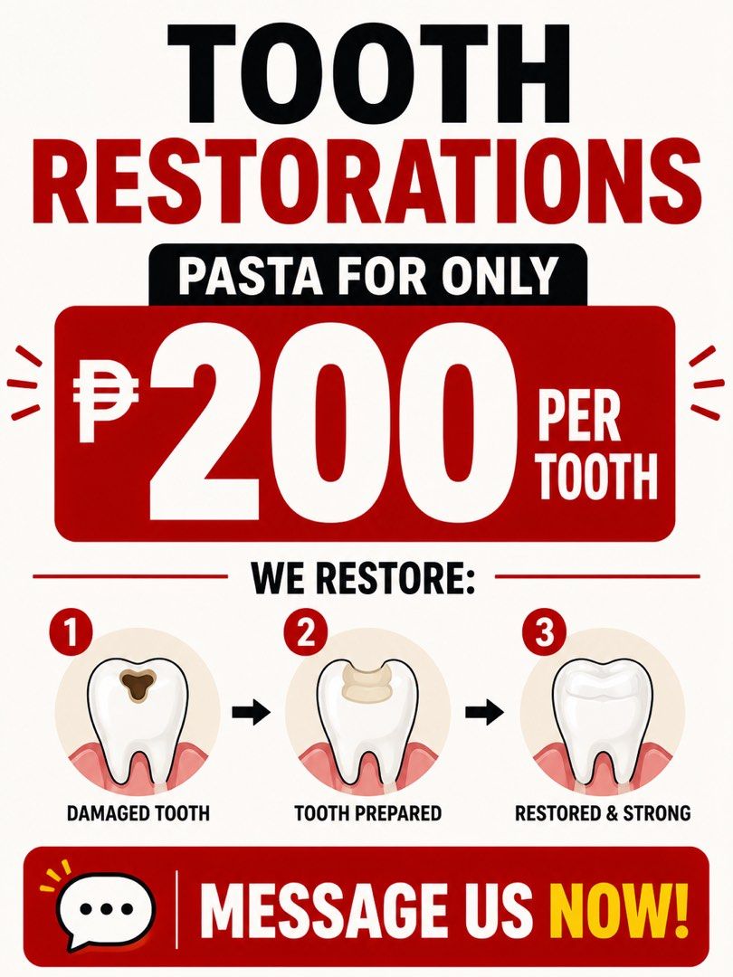 Tooth Restoration (Pasta) (Category: Oral Care) located in Cebu City. Submitted by bobsburgers. (Listing ID 1469324838, Image 1). Description: 🦷 TOOTH RESTORATION (PASTA) Need a tooth filled? ₱200 PER TOOTH 📌 For clinical requirements 🦷 Performed under the supervision of a licensed dentist. 📩 MESSAGE US NOW to inquire or schedule an appointment..