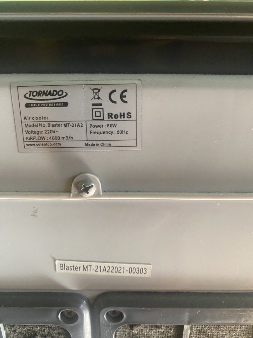Tornado Blaster MT-21A2 Air Cooler (Category: Air Conditioning and Heating) located in Manila. Submitted by red_door_crafts (Listing ID 1469176216, Image 3). Description: Stay cool and comfy with the Tornado Blaster MT-21A2 Air Cooler in stylish grey and white! - Power: Energy-saving 80W, 220V, 60Hz - Performance: Powerful 4000 m3/h airflow with multi-speed settings, swing function, and cool mode - Convenience: Top-opening lid for easy water tank