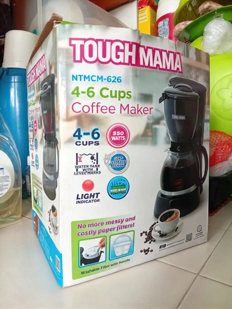 Tough Mama NTMCM-626 Coffee Maker 4-6 Cups (Category: Coffee Machines & Makers) located in Caloocan City. Submitted by truepenguin.3a2953 (Listing ID 1469271291, Image 1). Description: Tough Mama NTMCM-626 Coffee Maker 4-6 Cups - UNUSED OLD STOCK ☕ Details: Model: NTMCM-626 550W 4-6 Cups Condition: Never nagamit, old stock lang kaya box may punit na (see photo). Unit malinis, walang amoy kape, working 100% Features: ✔ Keep Warm Function ✔ Washabl