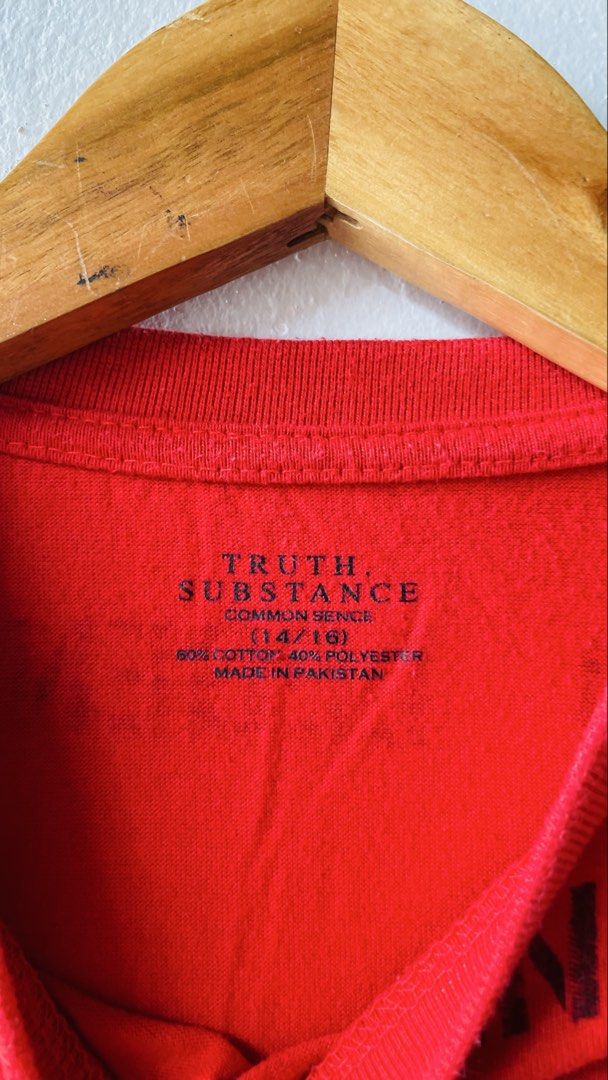 Truth Substance Common Sence shirt (Category: Babies & Kids Fashion) located in Caloocan City. Submitted by lovemyclothes21 (Listing ID 1469268003, Image 3). Description: - Brand: Truth Substance Common Sence - Design: Eye-catching all-over Legend graphic print in bold red - Size: 14/16 youth fit - Material: Soft and comfortable cotton-poly blend, great for everyday wear - Features: Classic crew neck, short sleeves, and a stylish small TS 12 labe
