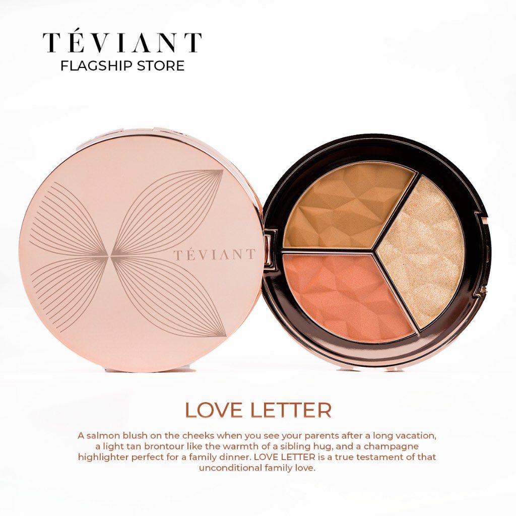 Teviant Love Letter Face Palette (Category: Makeup) located in Manila. Submitted by goddesssy (Listing ID 1469167761, Image 1). Description: - Brand: Téviant - Item: Love Letter Face Palette - Shades included: Salmon blush, light tan brontour, and champagne highlighter - Packaging: Rose gold compact with a floral design and built-in mirror - Features: All-in-one palette for contouring, blushing, and highlighting - Condition: Brand new / Excellent