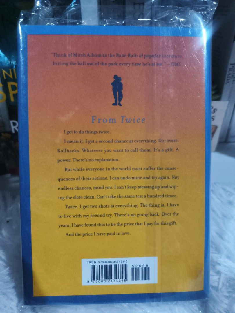 Twice by Mitch Albom Novel Target Exclusive (Category: Storybooks) located in Cabuyao City. Submitted by chaptersandwonders143 (Listing ID 1469315773, Image 2). Description: - Title: Twice by Mitch Albom - Edition: Target Exclusive with bonus content - Status: Brand new and sealed in original plastic packaging - Recognition: Good Morning America Book Club pick - Condition: Clean pages, sharp corners, pristine collector's condition.