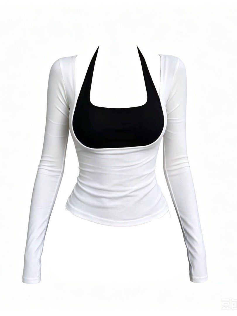 Two-Piece Long Sleeve Top (Category: Longsleeves) located in Taguig. Submitted by mengxir20193848 (Listing ID 1469325603, Image 2). Description: - Style: Two-piece layered look (black halter inner layer attached to white long sleeve cropped outer layer) - Design: Square neckline with a slim fit silhouette - Material: Soft cotton blend with great stretch for all-day comfort - Versatility: Perfect for casual outings, dates, or daily wear; easily pa