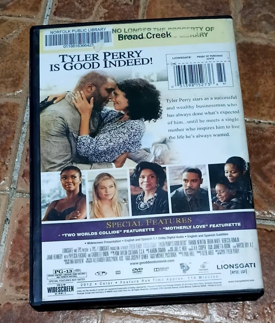 Tyler Perry's Good Deeds DVD Widescreen Lionsgate (Category: CDs & DVDs) located in Quezon City. Submitted by dancatz (Listing ID 1469230308, Image 3). Description: □ P 100.00 - Title: Tyler Perry's Good Deeds DVD - Release: Lionsgate, 2012 - Format: Widescreen, Rated PG-13 (110 mins) - Special Features: Includes 'Two Worlds Collide' and 'Motherly Love' featurettes - Condition: Includes case and disc; ex-library copy with stickers on the cover an