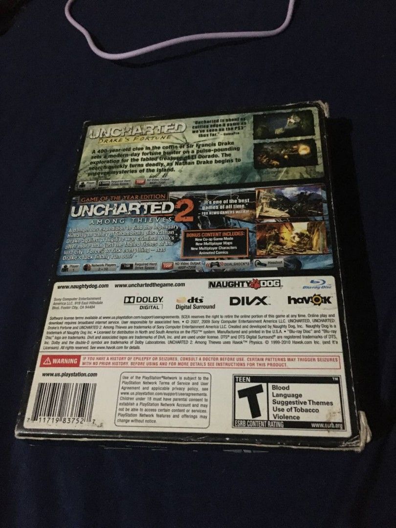 Uncharted Dual Pack & Games PS3 (Category: PlayStation) located in Quezon City. Submitted by livkatecooke (Listing ID 1469368224, Image 2). Description: - Platform: PlayStation 3 (PS3) - Includes: Uncharted Drake's Fortune and Uncharted 2 Among Thieves GOTY Edition - Condition: Outer cardboard box has minor corner wear and tear - Inclusions: Both original red game cases with original discs (marked 'Not For Resale') - Perfect addition for any PS3 