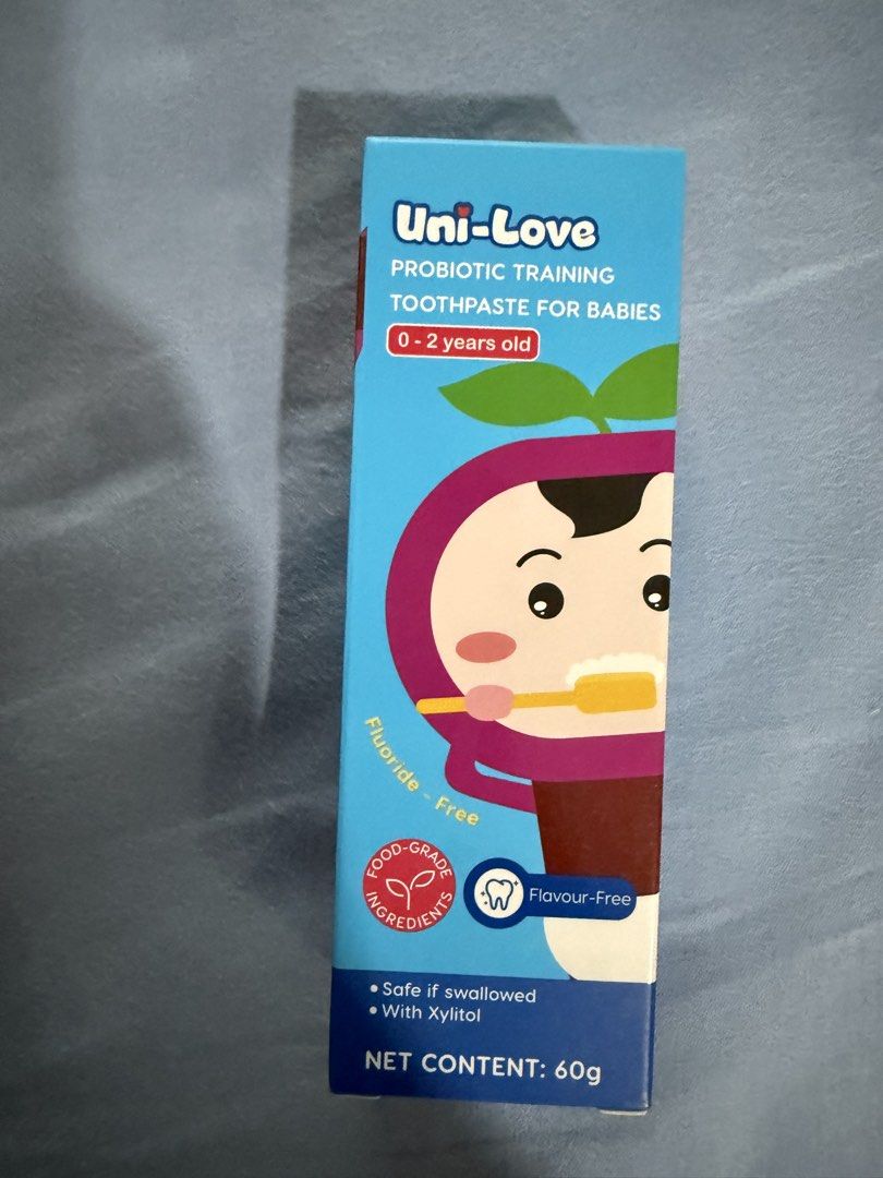 Uni-Love Probiotic Training Toothpaste for Babies 0-2 Years Old (Category: Baby Toiletries & Grooming) located in Taguig. Submitted by eserehtmil (Listing ID 1469184060, Image 1). Description: - Brand new and sealed in original box packaging - Perfect for babies aged 0 to 2 years old - 100% safe if swallowed with food-grade ingredients - Fluoride-free formula with added Xylitol - Flavor-free and gentle on baby's gums - Net content: 60g Shipping s
