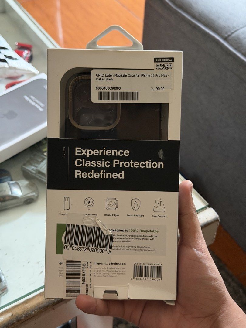 UNIQ Lyden Case for iPhone 16 Pro Max (Category: Cases & Sleeves) located in Manila. Submitted by b1uezy (Listing ID 1469178299, Image 2). Description: -Black Vegan Leather case -lightly used -no dents and scratches -with box Slightly negotiable for 16 Pro Max only!!.