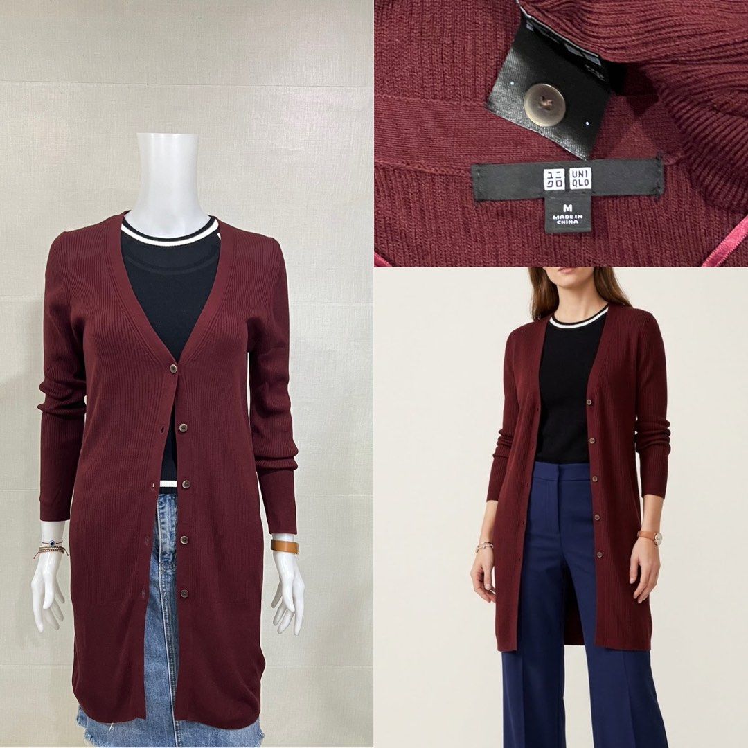 Uniqlo Maroon Long Cardigan (Category: Coats, Jackets and Outerwear) located in Cebu City. Submitted by kei.flmn (Listing ID 1469247918, Image 1). Description: 📌PLEASE READ BEFORE MAKING AN OFFER Excellent Condition (No issues) Size:Fits Small/ Medium (S/M) - [x] Flat Lay Measurements (in inches): - [x] Bust: 38 - [x] Length Reference: Mannequin Height : 5’4” (First-come, first-served basis) Due to an increased number of joy reservers and fake b