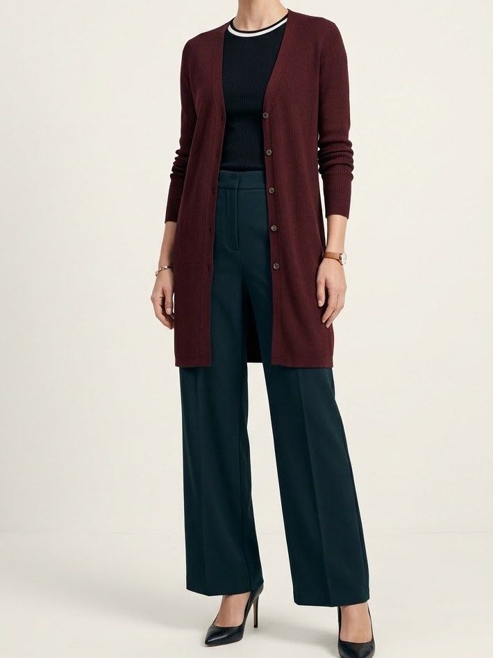 Uniqlo Maroon Long Cardigan (Category: Coats, Jackets and Outerwear) located in Cebu City. Submitted by kei.flmn (Listing ID 1469247918, Image 3). Description: 📌PLEASE READ BEFORE MAKING AN OFFER Excellent Condition (No issues) Size:Fits Small/ Medium (S/M) - [x] Flat Lay Measurements (in inches): - [x] Bust: 38 - [x] Length Reference: Mannequin Height : 5’4” (First-come, first-served basis) Due to an increased number of joy reservers and fake b
