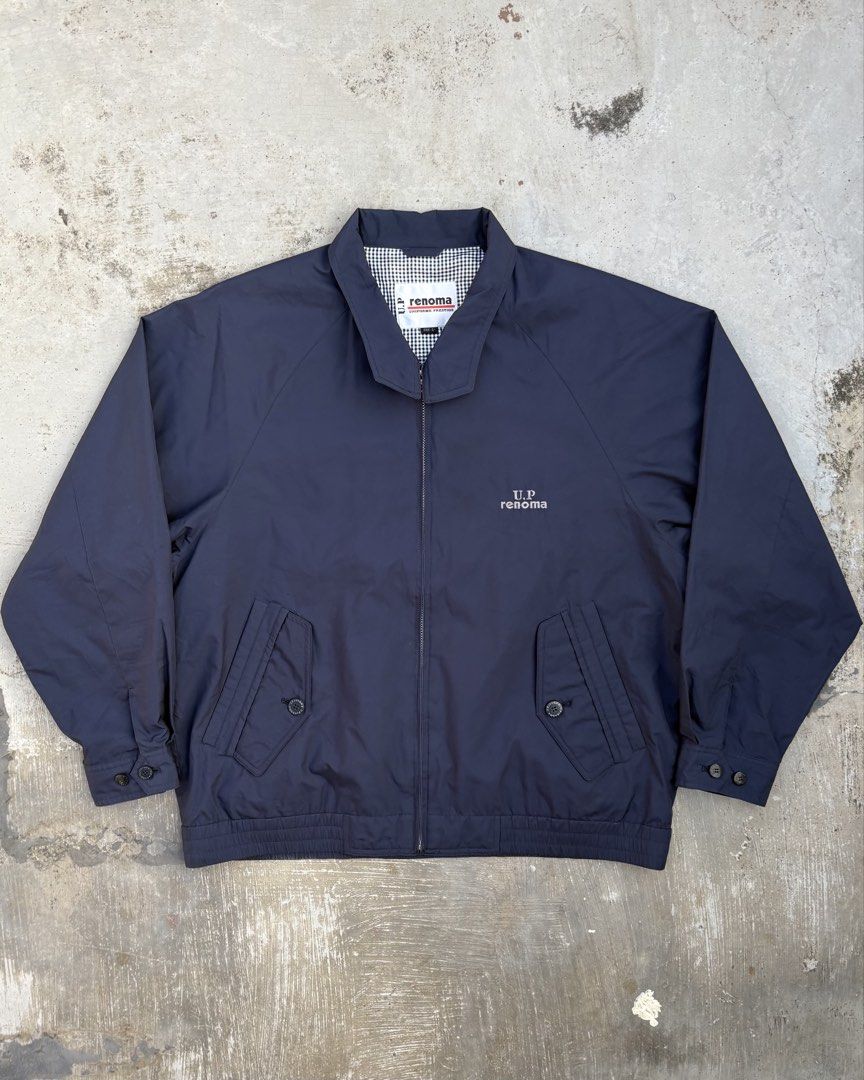 U.P Renoma Harrington Jacket (Category: Coats, Jackets and Outerwear) located in Calamba. Submitted by lyrons.wardrobe (Listing ID 1469255870, Image 1). Description: Dimes: 24⅜/25.5 • Brand/Line: U.P. Renoma (Uniforme Prestige) — a sub-line of the French fashion house Renoma, popular for casual and tailored outerwear. • Color: Navy blue with white and black gingham/checkered pattern lining. • Design Features: Full zip-up front, stand collar, embr