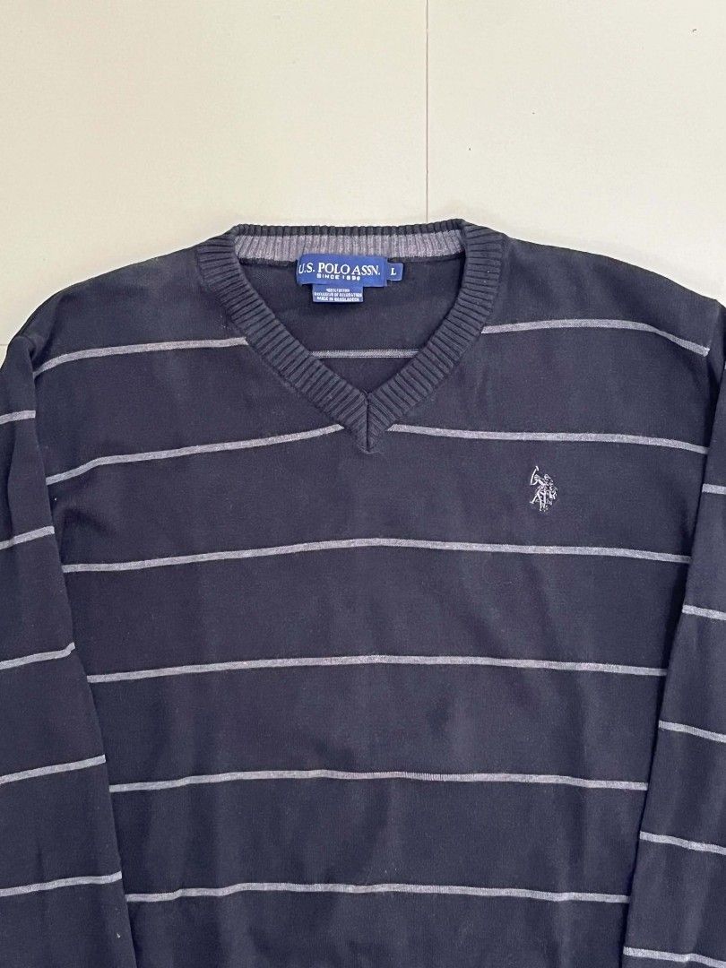 US POLO ASSN (Category: Activewear) located in Manila. Submitted by zenwind_3cdc42 (Listing ID 1469266231, Image 2). Description: men's striped V-neck knit sweater us polo • Asnew Condition • Large on tag • Details on pic • Ship thru j&t // lalamove // LBC // door to door DM me to claim or comment below.