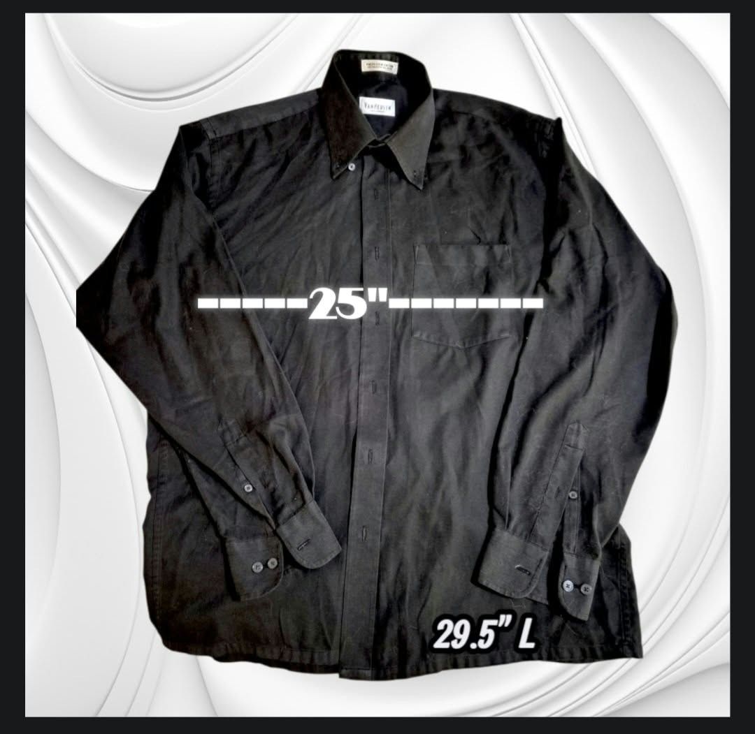 Van Heusen Black Long Sleeve Button-Down Shirt (Category: Formal Shirts) located in Paranaque City. Submitted by calm_youngstore7 (Listing ID 1469263750, Image 3). Description: LAST PIECE SALE! - Brand: Van Heusen - Color: Classic Black - Style: Long sleeve button-down shirt with traditional collar and button-down points - Details: Single left chest pocket and buttoned cuffs - Measurements: 25 inches across the chest, 29.5 inches in length - Cond