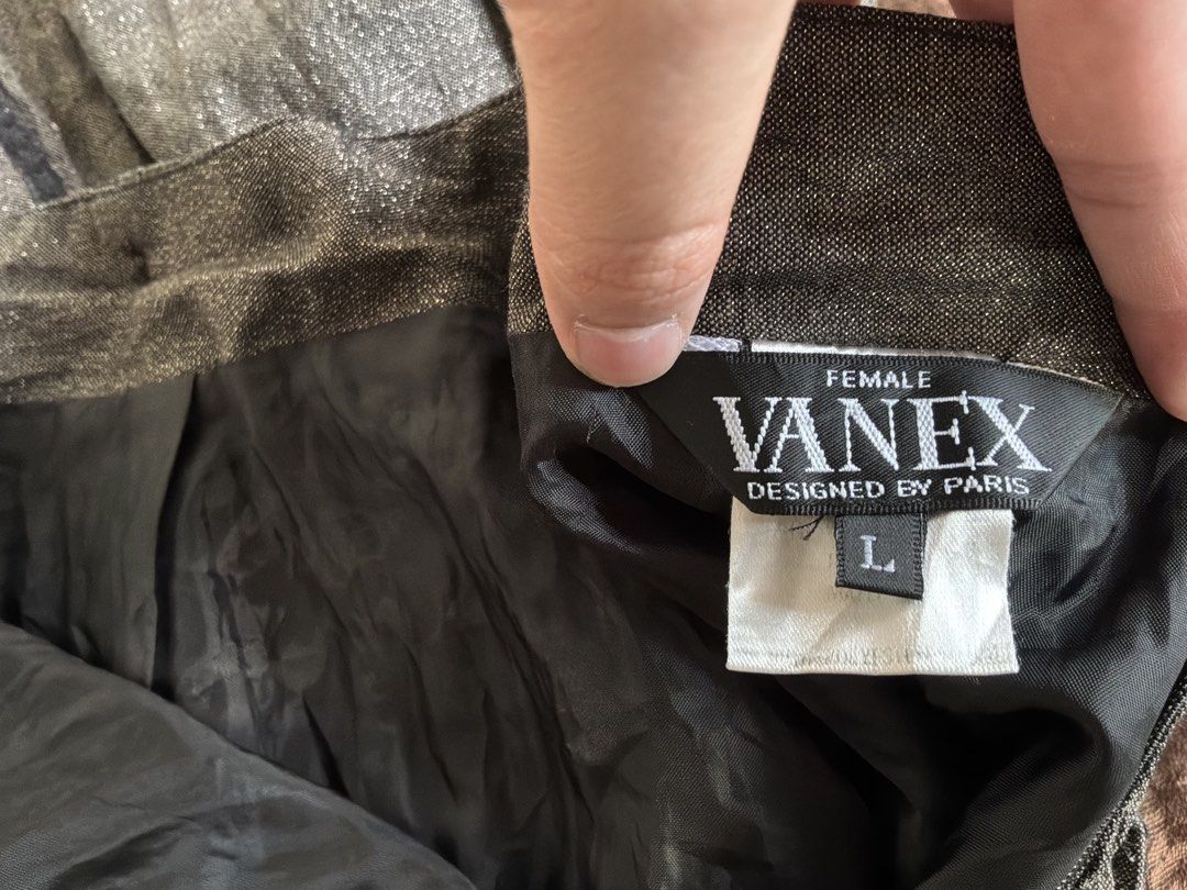VANEX Designed by Paris Metallic Grey Skirt Size L (Category: Skirts) located in Dumaguete. Submitted by _l1lyy_ (Listing ID 1469244319, Image 3). Description: -Large on tag but better for medium frames VANEX brand skirt, designed in Paris. Size Large on the label. Metallic grey fabric with a textured finish and black lace trim near the top. Panel construction with visible vertical stitching detail. Fully lined interior in black material with a z